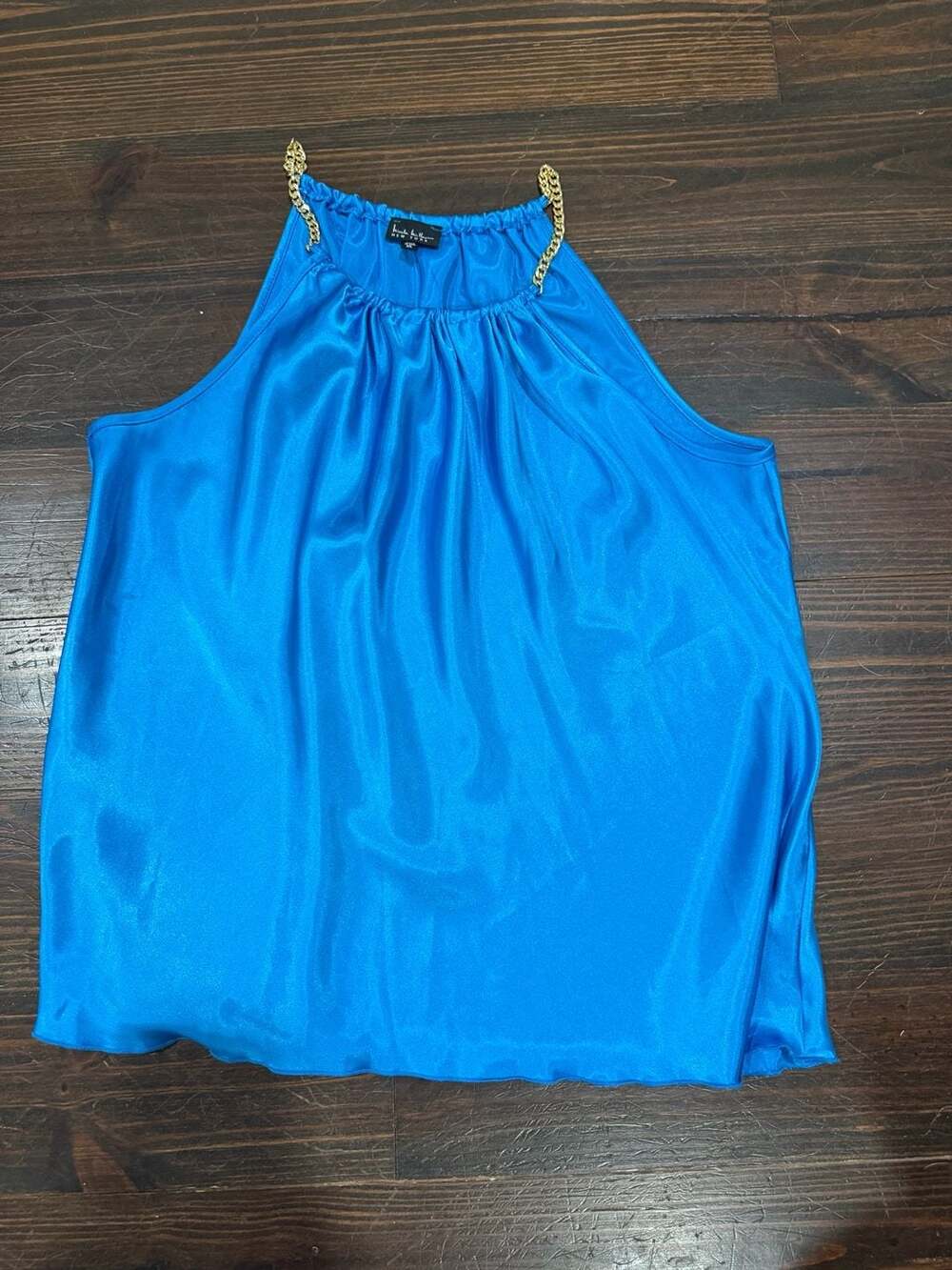 Nicole Miller Halter Top Size XL Blue Gold Chain Neck